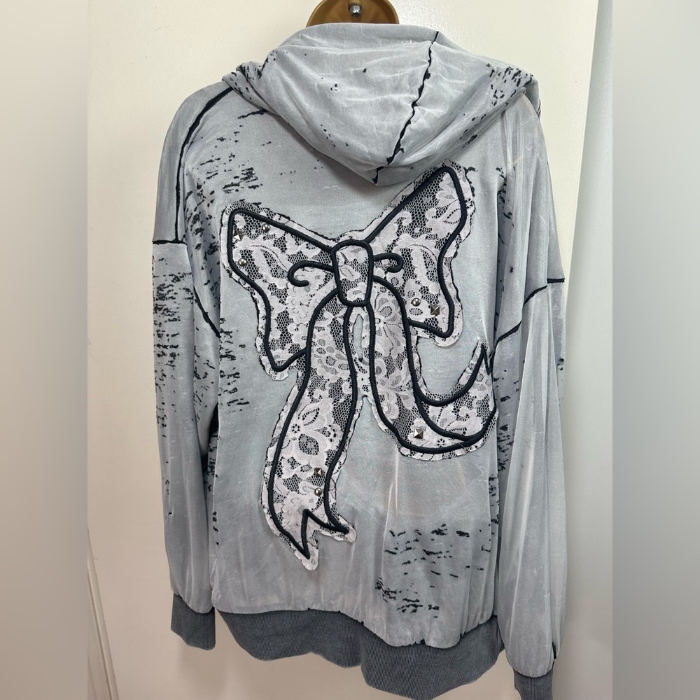 Current Mood X Dolls Kill Grey Couldn’t Care Less Bow Studs Distressed Hoodie XS